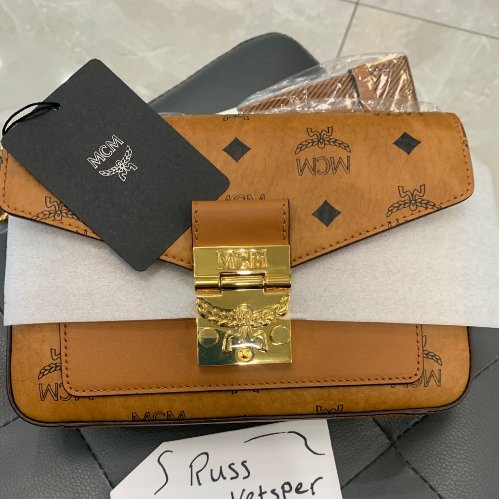 MCM Visetos Small Millie Crossbody Belt Bag Cognac